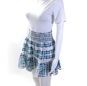 INTERMIX Tie-Dye Teal and White Mini Skater Skirt With Smocked Waist- Size Small